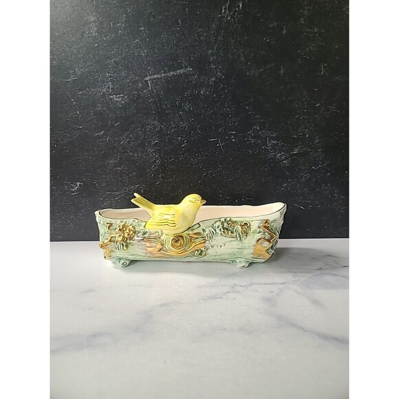 Ucagco Yellow Bird Ceramic Planter, Green Tree Trunk with Gold Gilding, Japan Vi - Picture 1 of 10